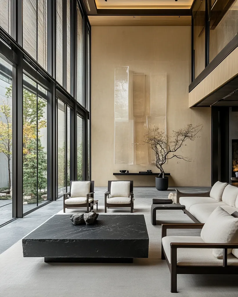 A minimalist living room boasts a large, dark stone coffee table as its centerpiece.  Two off-white armchairs flank the table, while a long, low sectional sofa stretches along one wall.  Floor-to-ceiling windows offer abundant natural light and views of a serene garden.  The neutral color palette and clean lines create a calming and sophisticated atmosphere. A unique wall art piece adds a touch of texture and interest.
