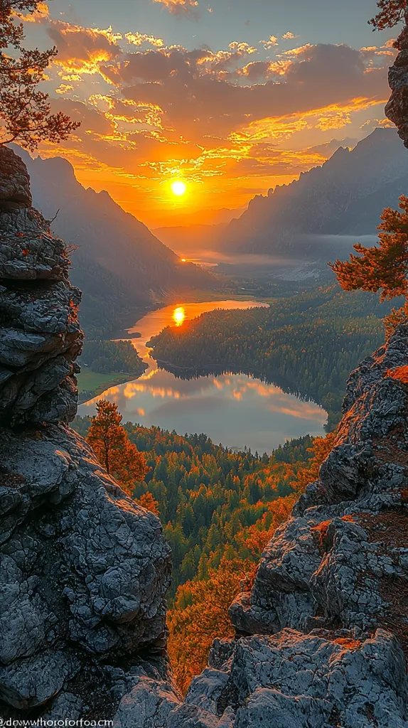 A breathtaking sunrise paints the sky in fiery oranges and yellows, casting a golden glow over a serene mountain valley.  A winding river reflects the vibrant colors, meandering through a forest displaying autumnal hues.  The view is framed by rugged, dark grey rocks, offering a dramatic contrast to the warm landscape below.  The scene evokes a sense of peace and majestic natural beauty.