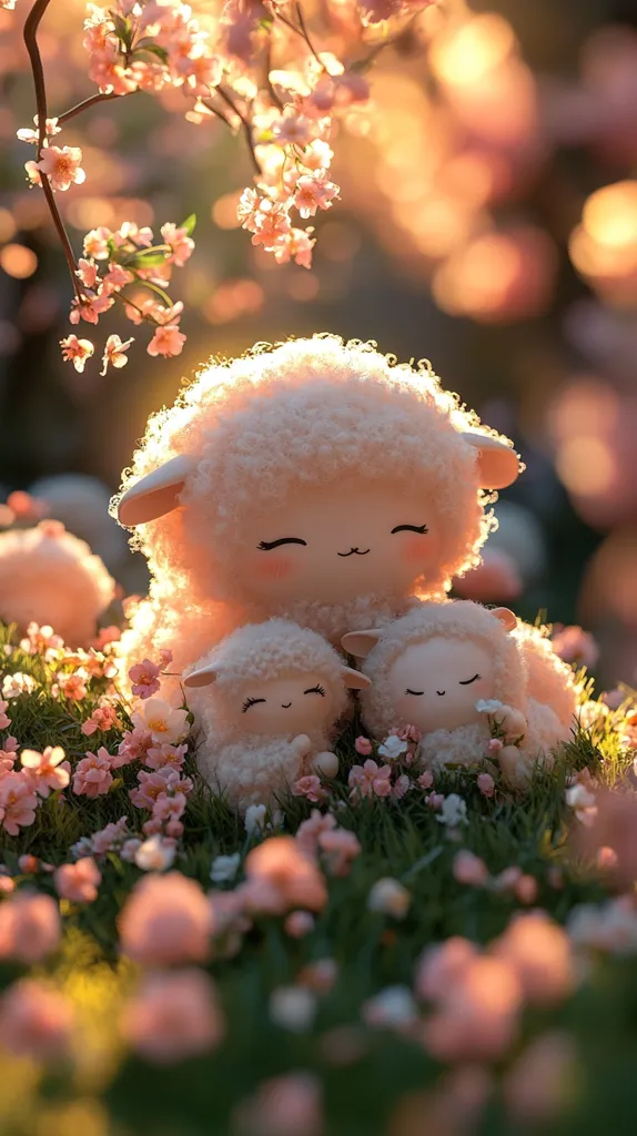 A fluffy, mother lamb sits amidst a field of delicate pink flowers, cradling her two adorable lambs.  The warm, golden light of sunset bathes the scene, creating a serene and heartwarming image.  The lambs are soft and cuddly-looking, enhancing the peaceful ambiance.  The blossoms add a touch of springtime beauty to this sweet family portrait.