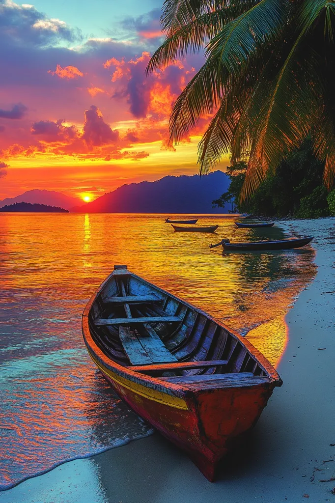 A vibrant sunset paints the sky in fiery oranges and reds over a tranquil tropical beach.  A weathered wooden boat rests gently on the shore, its reddish-orange hull reflecting the warm light. Several other smaller boats are visible on the calm water in the distance, under the silhouette of palm trees. The scene evokes a sense of peace and serenity.