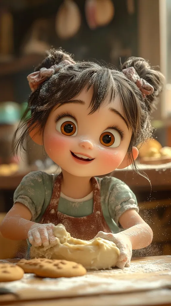 A cute, cartoonish girl with large, expressive eyes and pigtails kneads dough on a floured table.  She's wearing a teal shirt and brown apron, and baked cookies sit nearby.  The scene is warm and inviting, suggesting a cozy baking session.  Flour dusts her hair and hands, adding to the charming, whimsical atmosphere.