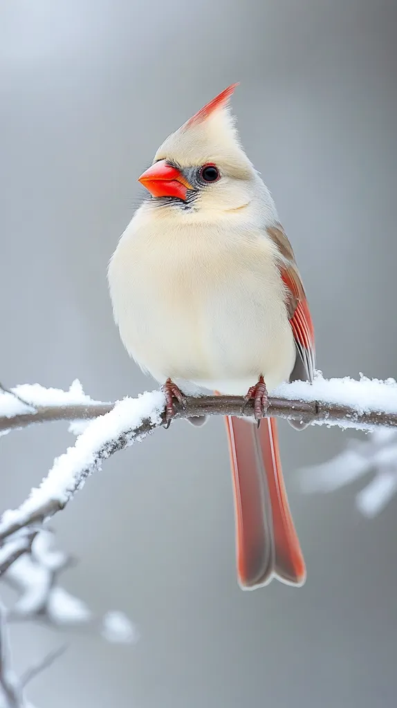 A snowy white Northern Cardinal, a rare color mutation, perches on a snow-dusted branch.  Its vibrant red beak and tail feathers contrast beautifully with its pale plumage.  The soft, blurred background enhances the bird's delicate features, creating a serene winter scene.  The image captures the bird's stillness and the quiet beauty of a winter day.