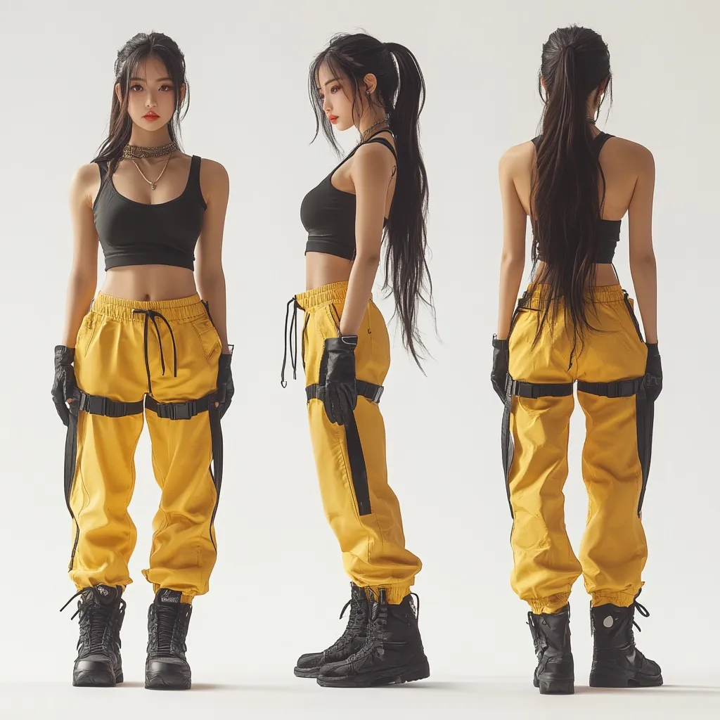 A young woman is shown in three poses, showcasing a stylish outfit.  She wears a black crop top, mustard yellow cargo pants with black accents and straps, and black combat boots. Her long black hair is styled in a high ponytail in two of the images, and down in the other.  The overall look is edgy and fashionable, suitable for a contemporary dance or streetwear aesthetic.