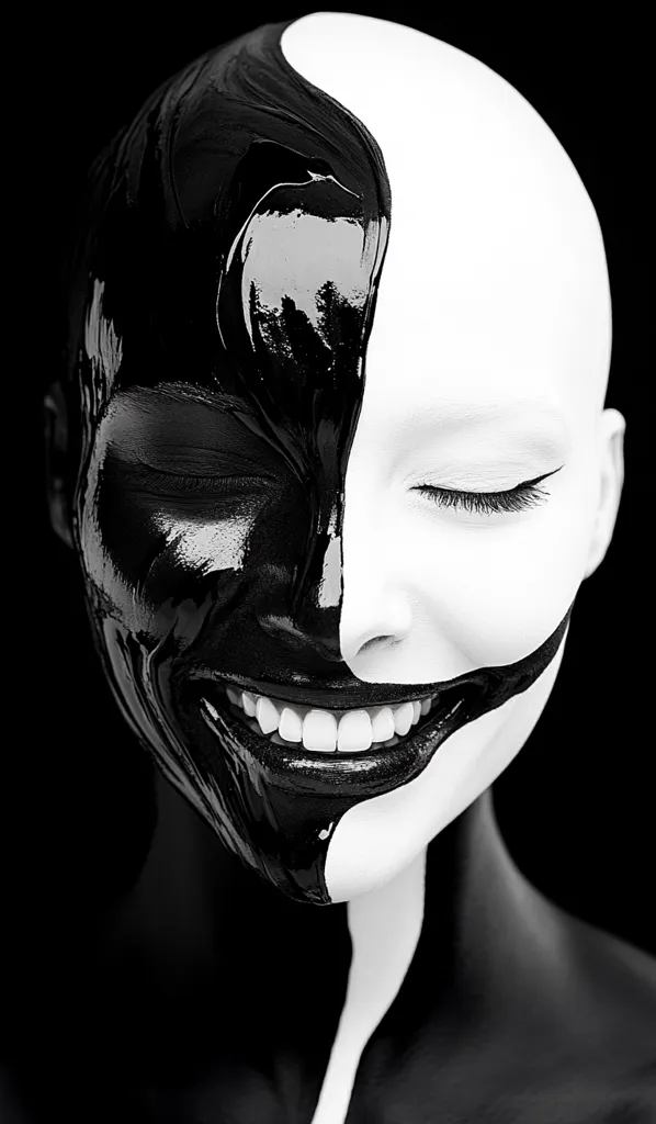 A close-up black and white shot of a bald woman's face.  One half of her face is painted glossy black, the other half white, creating a striking yin and yang effect. Her eyes are closed, and she has a slight smile, the paint accentuating the curves of her face and lips. The image is stark, dramatic, and evocative of duality and contrast.