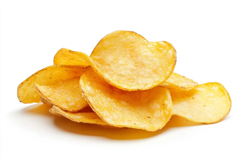A close-up shot of a small pile of potato chips against a white background.  The chips are golden-yellow, thin, and appear crispy.  They are slightly overlapping, showcasing their wavy, irregular shapes.  The image emphasizes the texture and color of the snack food.