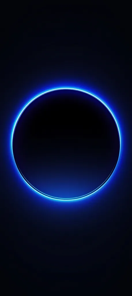 A vibrant blue neon circle illuminates a dark background.  The circle's bright, glowing edge contrasts sharply with the deep black interior and surrounding space, creating a striking visual effect. The image is simple yet captivating, suggesting themes of technology, energy, or the cosmos.  The overall aesthetic is modern and minimalist.