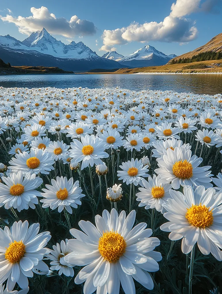 A breathtaking landscape unfolds: a serene lake mirrors snow-capped mountains under a vibrant blue sky.  A vast field of pristine white daisies blankets the foreground, their yellow centers contrasting beautifully against the surrounding greenery.  The scene exudes tranquility and natural beauty, a picturesque panorama of alpine serenity.