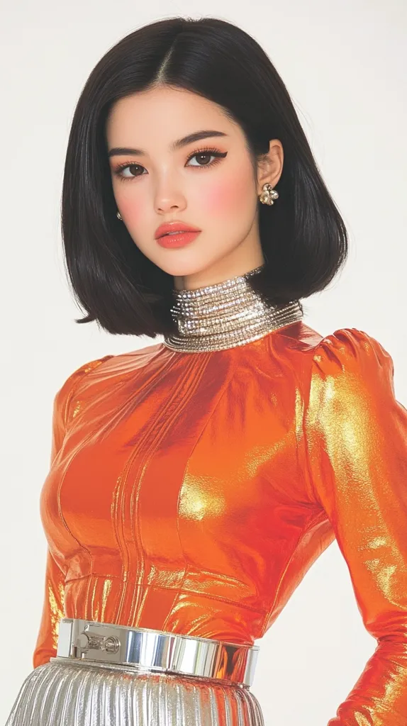 A young woman with shoulder-length black hair and flawless makeup models a vibrant orange metallic top.  The top features a high neck and subtle puff sleeves, complemented by a wide silver belt.  She also wears a sparkling choker necklace and small earrings. The overall style is sleek and modern, with a touch of retro flair.  Her pose is confident and elegant.