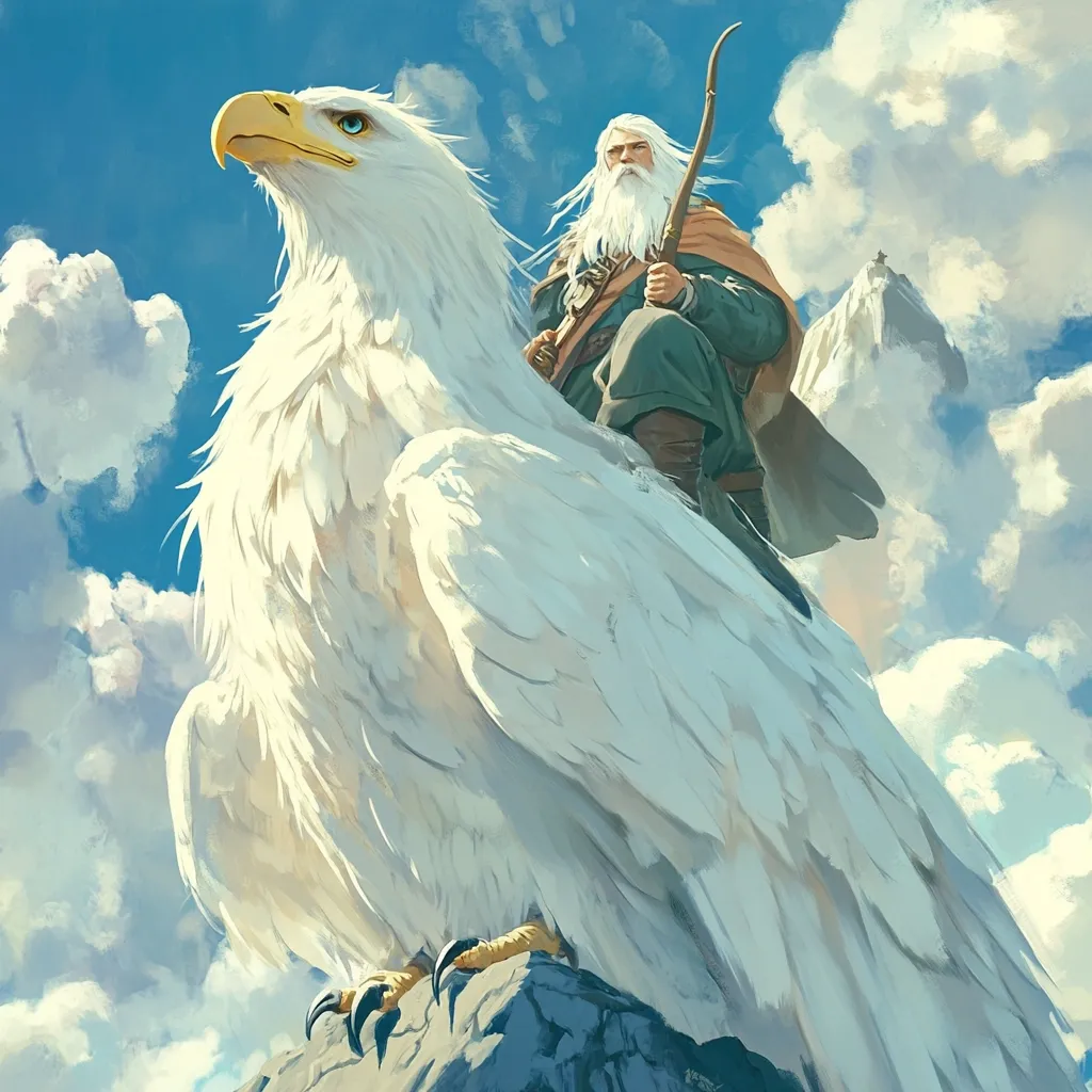 A majestic, white eagle, perched atop a rocky outcrop, carries a long-bearded, elderly man. The man, dressed in earthy tones, grips a staff, his gaze fixed on the distant, snow-capped mountains.  The scene is set against a vibrant blue sky, dotted with fluffy white clouds, conveying a sense of fantasy and adventure.  The eagle's feathers are meticulously detailed, enhancing its regal appearance.