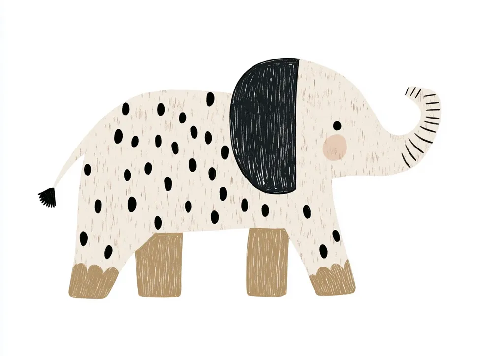 A charming illustration of a stylized elephant.  The elephant is off-white with black polka dots and has a large, dark-grey ear. Its legs and feet are a muted beige.  The style is simple and childlike, using textured brushstrokes for a hand-drawn feel. The elephant's cheerful expression adds to its overall appealing nature.