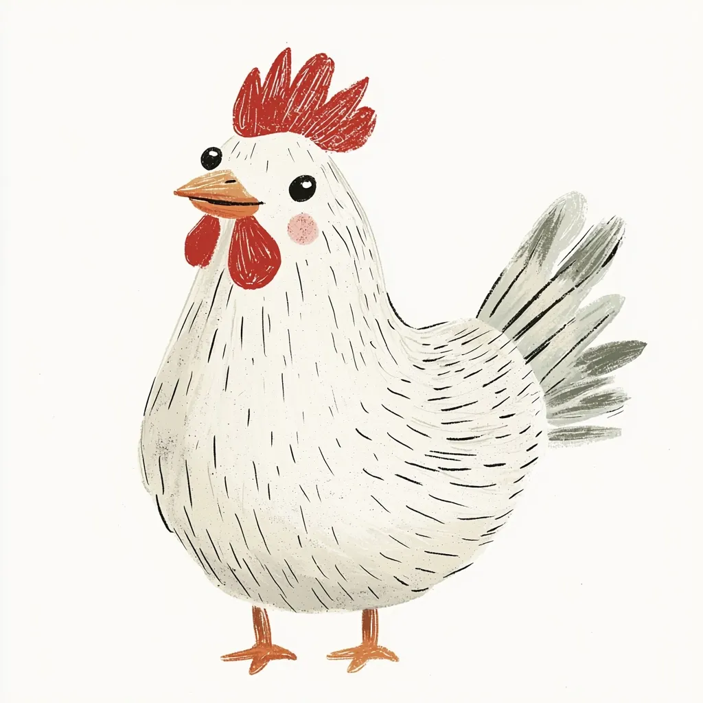 A charming illustration of a hen, predominantly white with subtle gray markings on its feathers.  Its comb and wattles are a vibrant red, and its small, dark eyes convey a friendly expression. The hen's tail feathers are a darker gray, providing contrast against its lighter body. The style is simple yet expressive, suitable for children's books or decorative purposes.