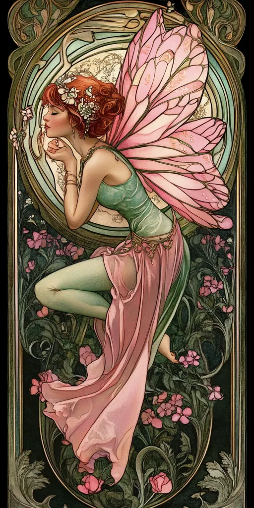 A delicate fairy with vibrant red hair adorned with white flowers, rests gracefully amidst lush greenery.  She possesses large, pale pink wings, and wears a flowing, pale pink gown over a teal bodice. The art style evokes Art Nouveau, with its ornate frame and flowing lines, emphasizing natural forms and a dreamlike atmosphere. The overall impression is one of serene beauty and ethereal grace.