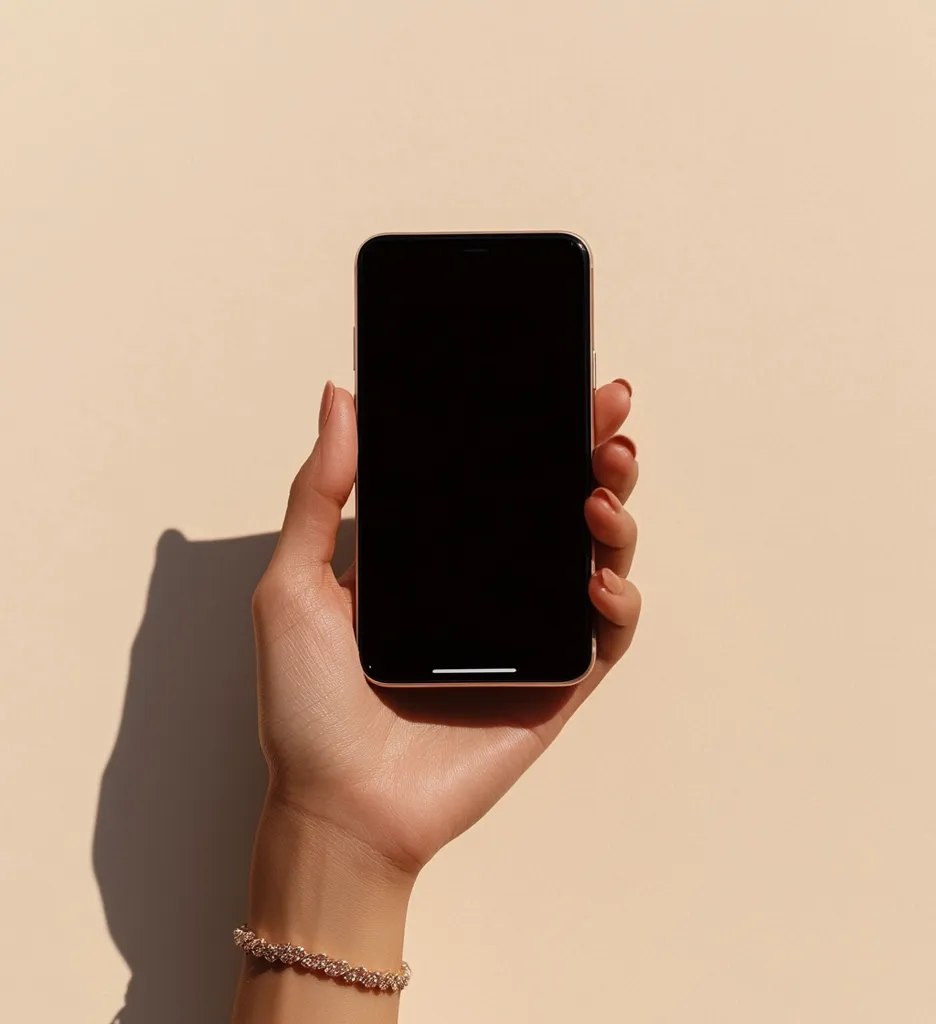 A hand holds a smartphone with a black screen against a beige background. The phone is positioned vertically, and the hand is slightly angled.  The hand wears a delicate, sparkly bracelet. Sunlight casts a subtle shadow to the left of the hand and phone, creating a minimalist aesthetic. The image is clean and modern, emphasizing the simplicity of the phone and hand.