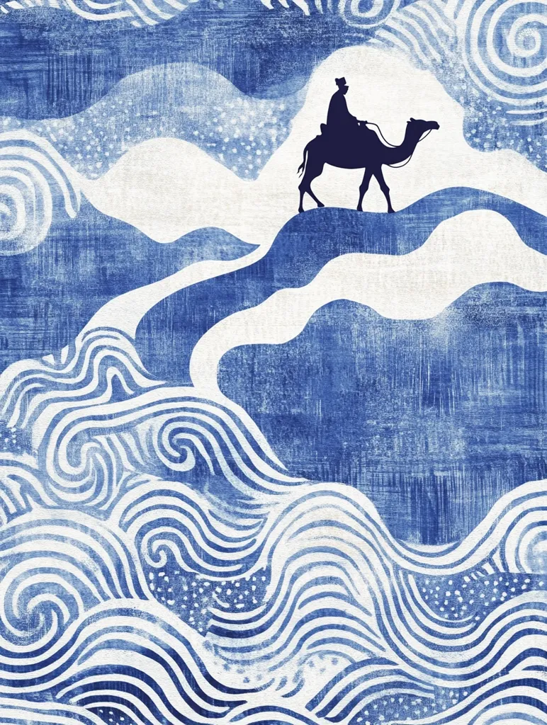 A stylized illustration depicts a lone figure riding a camel across a landscape of swirling, wave-like hills. The artwork is rendered in shades of blue, creating a textured, almost fabric-like effect. The rider and camel are silhouetted, emphasizing the abstract nature of the undulating background. The overall mood is serene and suggestive of a journey across a mystical, dreamlike terrain.