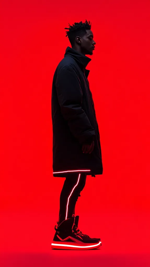 A young man stands in profile against a vibrant red background. He's dressed in a long, dark puffer jacket, dark pants with red illuminated stripes, and high-top sneakers that also feature red lighting.  His posture is relaxed, and his gaze is directed away from the camera. The overall image is sharp and stylized, emphasizing the silhouette and the contrasting colors.
