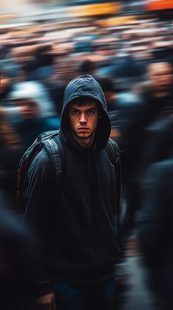 A young man in a dark hoodie and backpack stands out against a blurred backdrop of a bustling crowd.  His serious expression and dark clothing create a sense of mystery and isolation amidst the anonymity of the moving masses. The motion blur emphasizes his stillness and draws attention to his focused gaze.