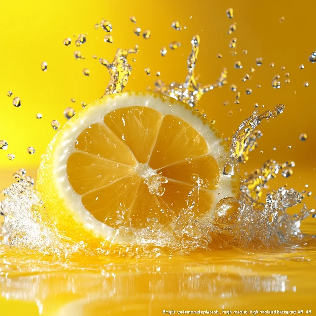 A vibrant half lemon is submerged in a splashing wave of water against a bright yellow background.  The image is high-resolution, showcasing the juicy texture of the lemon and the dynamic movement of the water.  The overall effect is refreshing and visually appealing, with a strong emphasis on the color yellow.