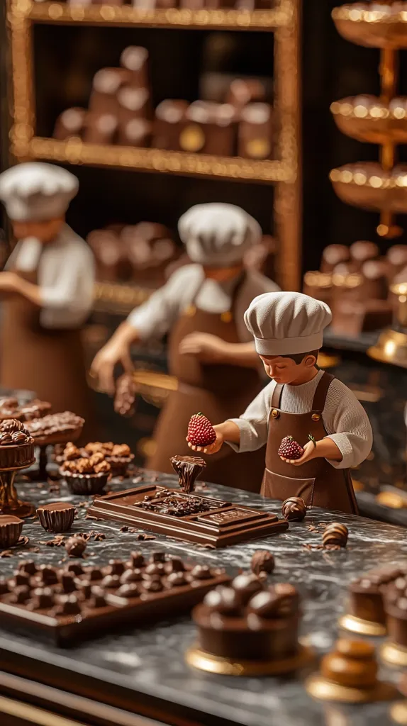 A whimsical scene depicting miniature chocolatiers in chef's hats meticulously crafting chocolate treats.  Surrounded by shelves brimming with chocolate, they delicately handle chocolate strawberries and arrange various confections on a marble countertop. The setting is a charming chocolate shop, filled with an abundance of rich, dark chocolate creations.  The scene is highly detailed and evokes a sense of artistry and precision.