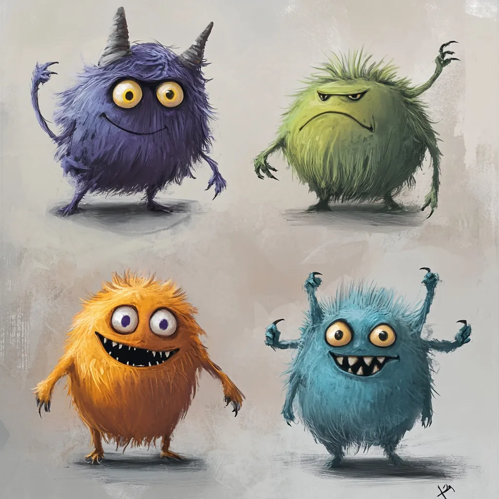 A whimsical illustration showcases four fluffy monsters, each with unique expressions and colors.  A purple devilish monster, a grumpy green one, a cheerful orange creature, and a toothy blue monster with extra arms are depicted.  Their furry textures and expressive faces create a playful and slightly mischievous atmosphere.