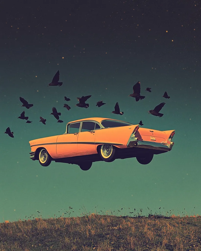 A surreal image depicts a vintage, light-orange car levitating in a twilight sky.  Numerous black birds fly around the car, creating a sense of motion and mystery. The car floats above a gently sloping grassy hill, under a star-dusted sky.  The overall aesthetic is dreamlike and nostalgic.