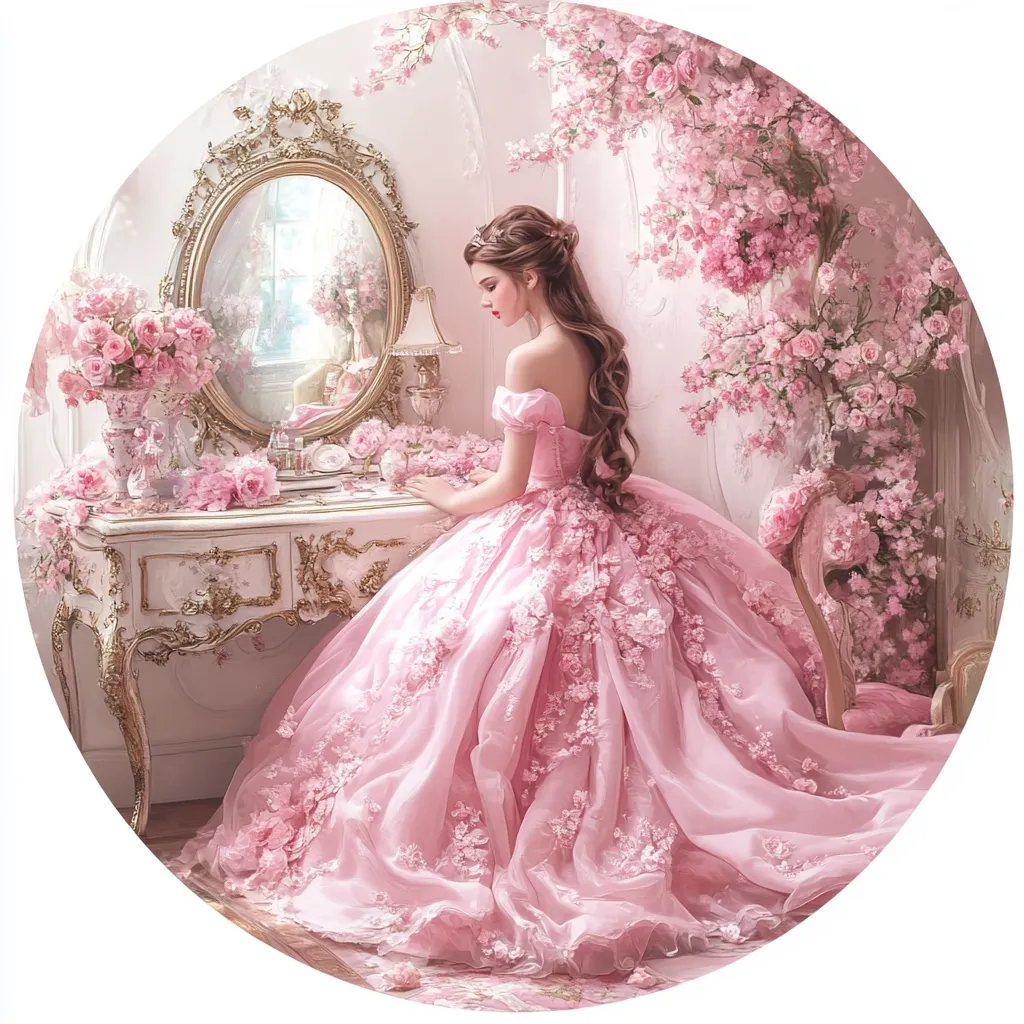 A princess-like young woman in a voluminous, pink, floral-embellished ball gown sits at an ornate vanity.  Pink roses and blossoming branches surround her in a romantic, dreamy setting. The vanity is adorned with delicate details and a large ornately framed mirror reflects a glimpse of the scene. The overall aesthetic is one of delicate beauty and fairytale charm.
