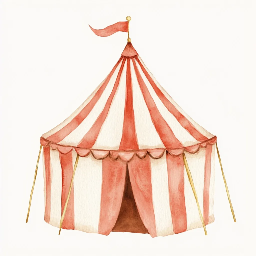 A watercolor painting depicts a charming circus tent.  The tent is predominantly cream-colored with vertical coral stripes.  A small red pennant flies from the top.  The tent's scalloped edges and slender support poles contribute to its whimsical appeal, suggesting a playful and festive atmosphere.  The style is delicate and inviting.