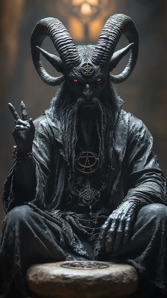 A dark, imposing figure with large, curved horns sits, displaying a peace sign.  Clad in dark robes and adorned with ornate, dark jewelry featuring symbolic designs, the figure has glowing red eyes and a long, dark beard.  The overall aesthetic is sinister yet strangely serene, creating a visually striking and unsettling image. The background is blurred and dark, emphasizing the figure's central position.