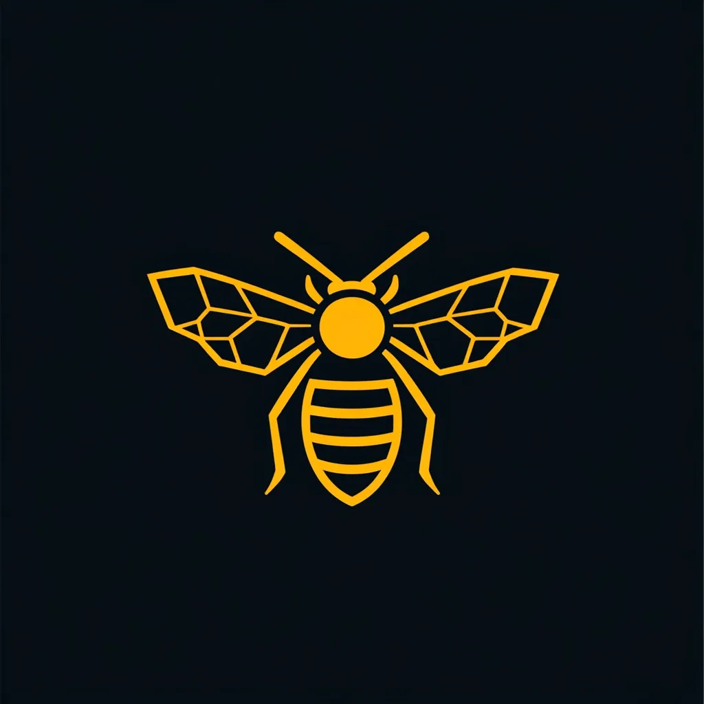A stylized geometric bee is depicted against a dark background.  The bee is outlined in bold yellow, its wings rendered with facets creating a low-poly effect.  The body is segmented with stripes, and the head is circular with antennae extending outward. The design is minimalist and impactful.