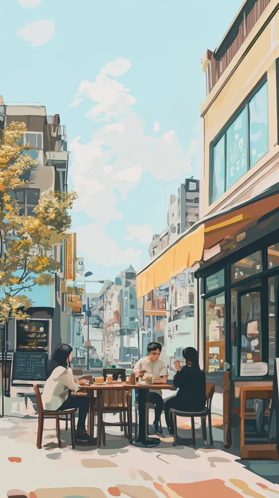 A charming illustration depicts three young adults seated at a quaint outdoor cafe table.  The cafe is nestled on a sun-drenched city street, lined with buildings in muted yellows and browns. A leafy tree provides shade. The scene evokes a peaceful, everyday moment in an urban setting, painted in a soft, stylized manner.  The sky is a pale blue, dotted with fluffy white clouds.