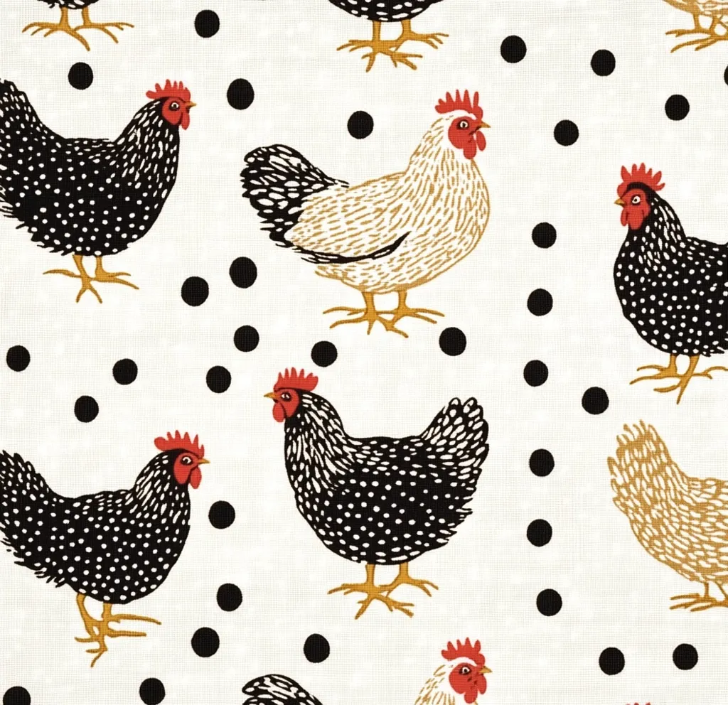 A charming fabric pattern features black and white speckled hens and tan hens, interspersed with black polka dots on an off-white background.  The chickens are depicted in a stylized, slightly whimsical manner, with red combs and yellow feet. The overall impression is one of rustic charm and country elegance.