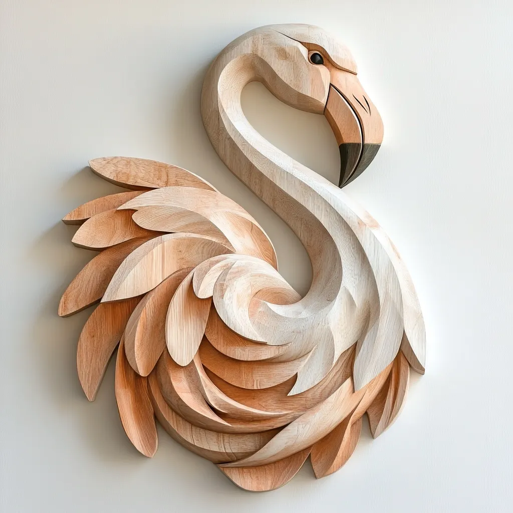 A meticulously carved wooden flamingo wall sculpture is showcased.  The piece features a graceful, curved neck and intricately detailed feathers rendered in varying shades of light and dark wood. The artist has skillfully captured the bird's elegant form and plumage, creating a striking and sophisticated piece of art.  The light wood tones add to its warmth and beauty.