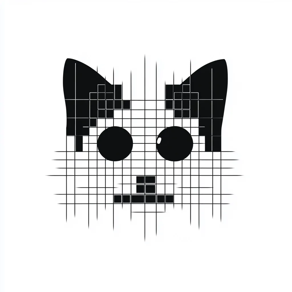 A stylized black and white illustration of a cat's face. The image is composed of square pixels, creating a pixel art effect. The cat has large, round eyes and simple features.  A grid pattern overlays the image, emphasizing its digital construction. The overall style is minimalist and geometric.