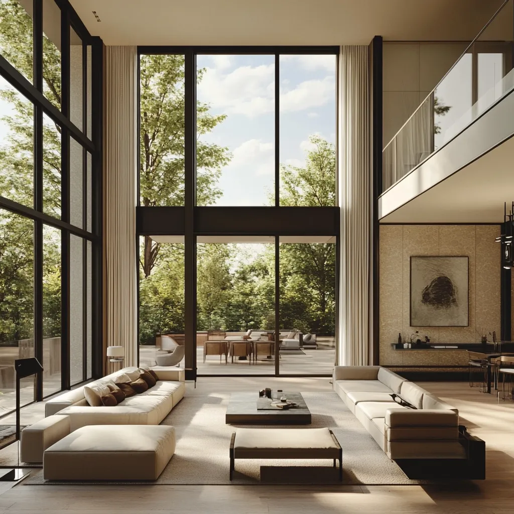 A spacious, modern living room boasts floor-to-ceiling windows showcasing lush greenery.  Neutral tones dominate the interior, with a low-slung beige sectional sofa centered around a sleek coffee table.  Natural light floods the room, highlighting the minimalist aesthetic and creating a serene atmosphere.  A subtle artwork hangs on a textured wall, adding a touch of artistry to the open-plan space.  The overall design is sophisticated and calming.