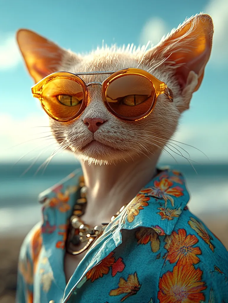 A stylish light-colored cat, sporting amber-tinted round sunglasses and a vibrant teal floral shirt, exudes cool confidence.  The cat's expression is serious and slightly aloof, enhanced by the reflective lenses.  The background suggests a sunny beach scene, adding to the overall summery and fashionable vibe.  A gold necklace adds to the cat's sophisticated look.