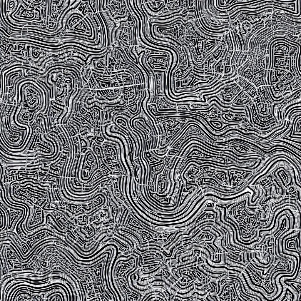 The image presents an abstract design resembling a complex, interconnected network of pathways or waterways.  White lines, varying in thickness, create swirling, organic shapes against a black background. The lines intertwine and overlap, creating a dense, labyrinthine pattern.  The overall effect is intricate and visually stimulating, suggesting a topographic map or a microscopic view of a natural formation.