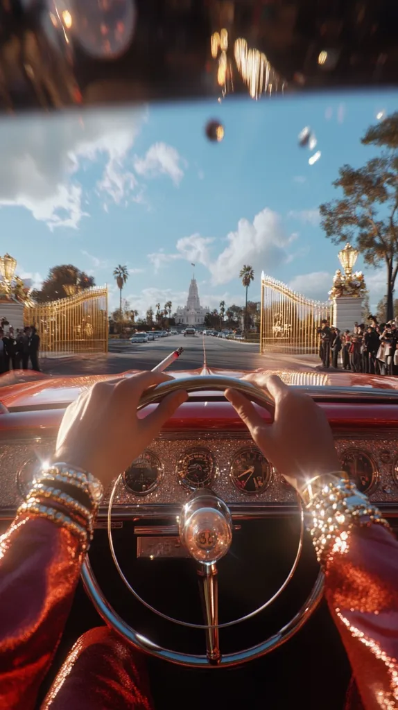 A person in a red, sequined outfit drives a vintage red convertible.  Gold gates flank a tree-lined avenue leading to a large building in the distance under a bright blue sky.  The scene is opulent and suggests a glamorous, possibly cinematic, setting. The driver's hands grip the steering wheel, a cigarette held between their fingers.