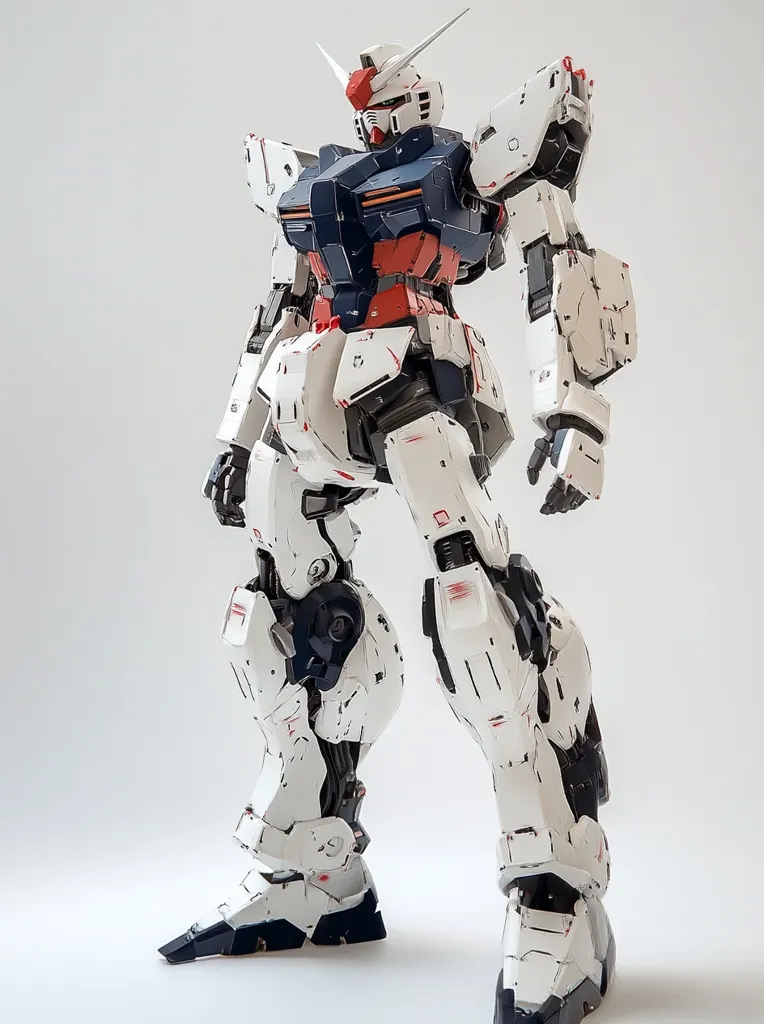 A meticulously detailed model of a white, red, and dark blue mecha stands against a stark white background.  The robot's design is intricate, showcasing numerous mechanical components and panel lines.  Its pose suggests readiness, and a weathered paint job adds a sense of battle-worn realism.  The model's impressive scale and craftsmanship are evident.