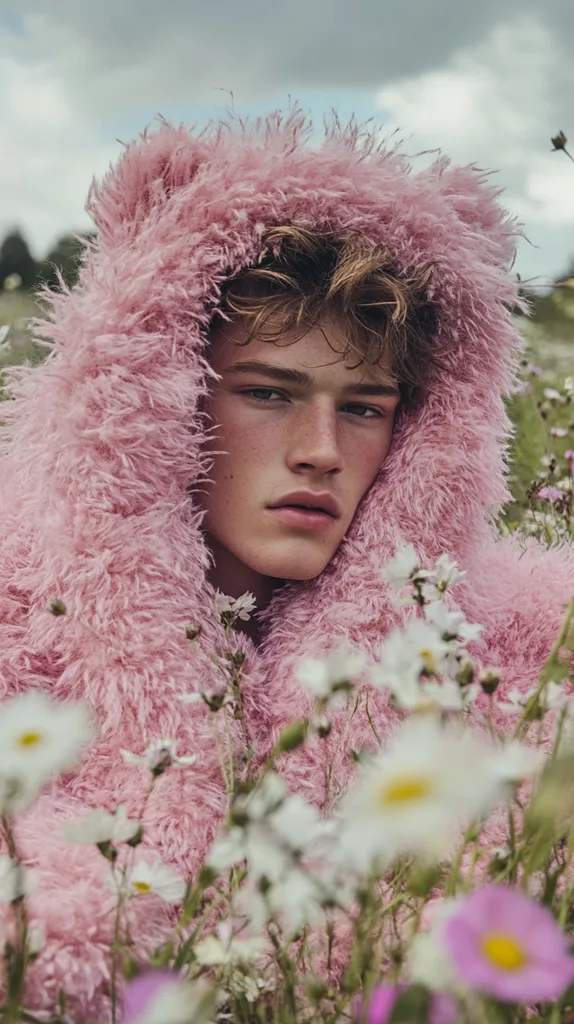 A young man with blond hair is pictured wearing a fluffy pink hooded coat. He is surrounded by white and purple wildflowers in a field.  The soft, pastel colors create a dreamy, ethereal atmosphere. His expression is serene and contemplative.  The overall image evokes a sense of gentle calmness and youthful beauty.