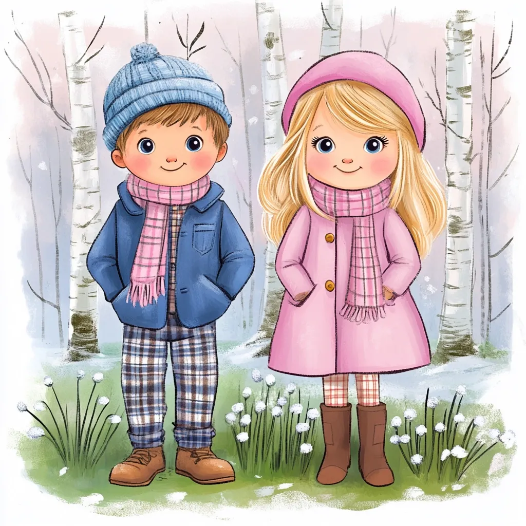 An illustration of a young boy and girl dressed in winter clothes standing in a birch forest. The boy wears a blue jacket, plaid pants, and a blue knit hat with a pink scarf. The girl wears a pink coat, matching scarf, and brown boots.  Small white flowers sprout from the ground.  The scene is softly colored and evokes a gentle, wintry atmosphere.