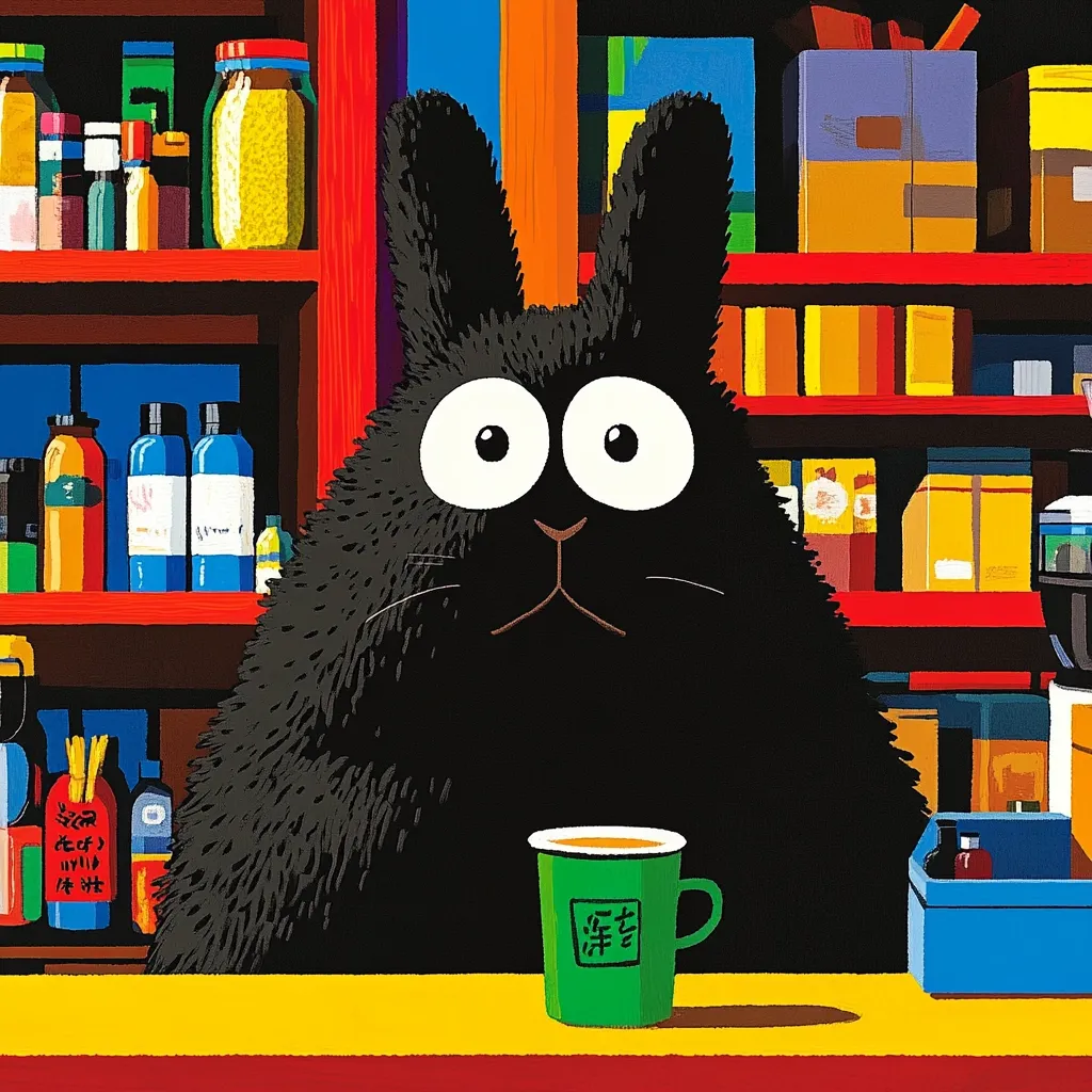 A large, fluffy black rabbit with oversized eyes sits behind a counter in a brightly colored convenience store. Shelves stocked with various items surround it.  A green mug with Asian characters sits on the counter in front of the rabbit. The style is bold and graphic, with flat colors and defined outlines.  The overall tone is whimsical and slightly surreal.