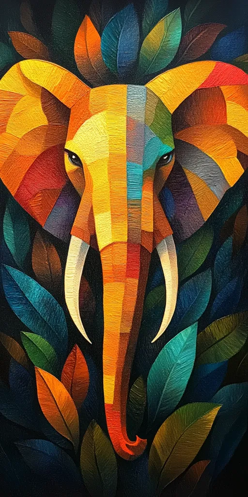 A vibrant, stylized painting of an elephant's head.  The elephant is depicted in a geometric, almost cubist style, using bold blocks of warm oranges, yellows, and reds, contrasted with cooler blues and greens.  The background features richly colored leaves, creating a lush, jungle-like setting.  The artist's use of color and form gives the piece a powerful and captivating presence.