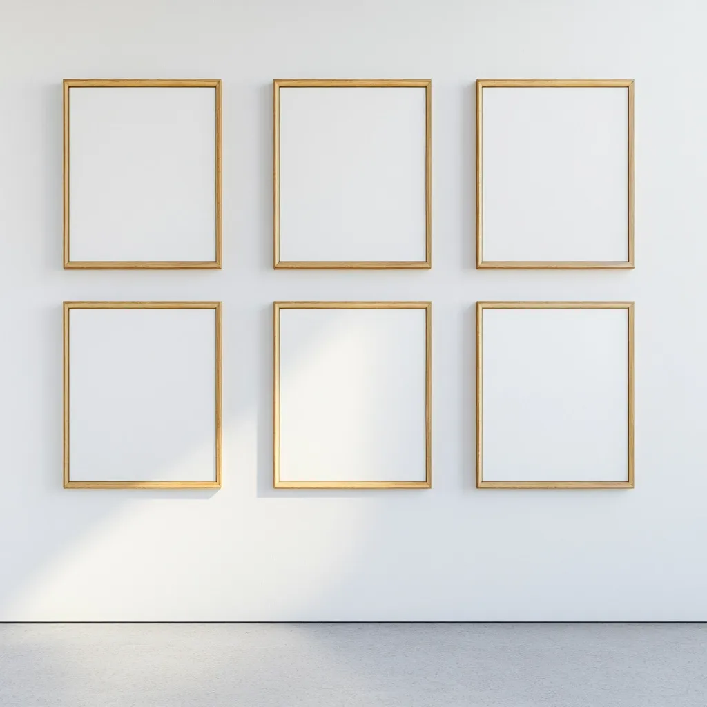 Six blank, square canvases in light gold frames are arranged in a grid pattern on a white wall.  The frames are evenly spaced, creating a clean and minimalist gallery-style display. Sunlight streams in, casting a subtle shadow on the lower left.  The floor is a light grey concrete. The overall aesthetic is modern and understated.
