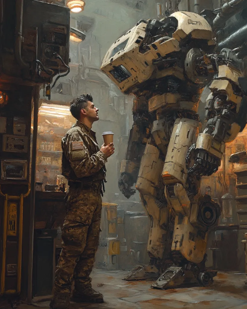 A soldier in camouflage uniform stands in a dimly lit, industrial setting, holding a disposable coffee cup.  He faces a massive, tan-colored mech, its intricate details and weathered appearance suggesting a post-apocalyptic or futuristic environment. The scene portrays a quiet moment of interaction between man and machine, evoking a sense of companionship or shared experience within a gritty, realistic style.