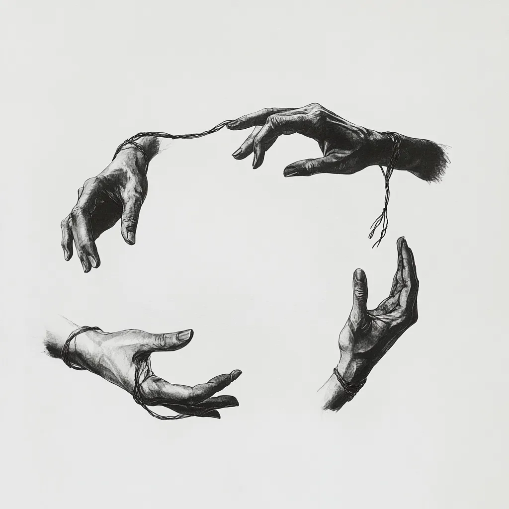 A monochromatic drawing showcases four hands intricately connected by thin strings.  The hands are rendered in meticulous detail, exhibiting a range of gestures, from reaching and grasping to offering and receiving. The composition suggests a theme of interconnectedness, possibly symbolizing relationships or shared experiences. The style is realistic, with strong contrasts in shading enhancing the three-dimensionality of the hands.