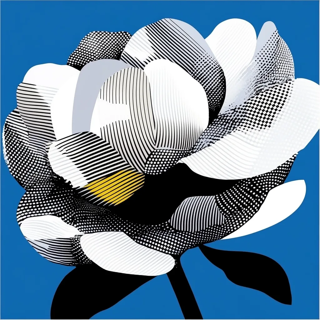 A stylized graphic illustration of a flower, predominantly white and black, against a vibrant blue background.  The petals are rendered in bold lines and dots, creating a textured, almost three-dimensional effect.  A splash of yellow adds a pop of color near the center. The style is reminiscent of op art or pop art, emphasizing geometric patterns and bold contrasts.  The image is striking and visually captivating.