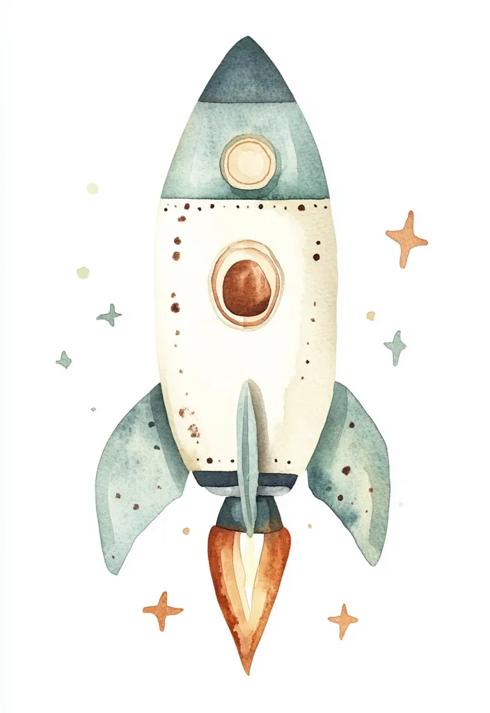 A charming watercolor illustration of a rocket ship soaring through space.  The rocket is predominantly off-white with teal fins and a rusty orange flame.  Small, stylized stars surround it, adding to the whimsical, childlike quality of the artwork. The rocket's design is simple yet detailed, with visible portholes and a textured body.  The overall style is reminiscent of children's book illustrations.