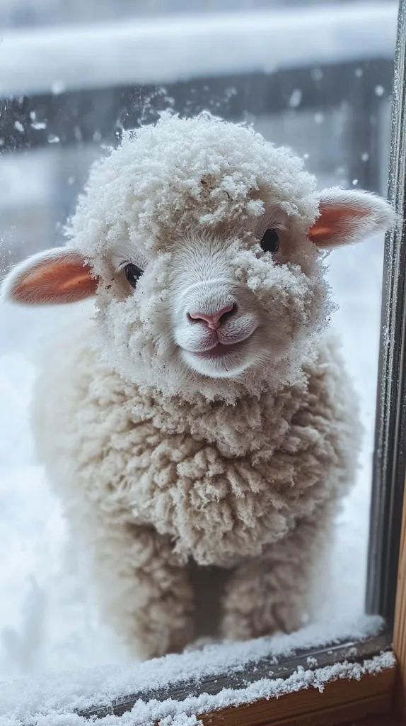 A fluffy white lamb, its wool dusted with snow, stands at a window looking outside.  Its adorable face is partially obscured by the thick, snowy fleece.  The lamb's pink nose and sweet expression are visible, creating a heartwarming winter scene.  Snow covers the windowsill.