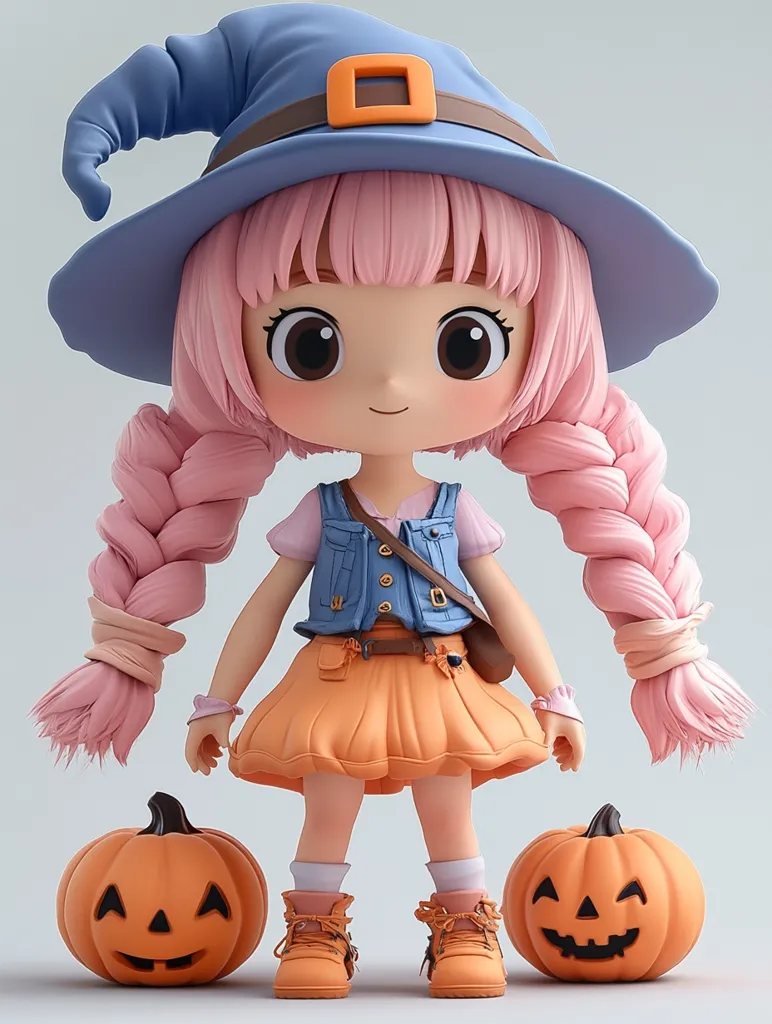 An adorable anime-style witch doll with long pink braided pigtails, wearing a blue witch hat and an orange skirt, stands between two carved pumpkins.  Her outfit includes a denim vest and brown boots.  The doll has large expressive eyes and a cheerful expression, perfect for Halloween.  The overall style is cute and charming.