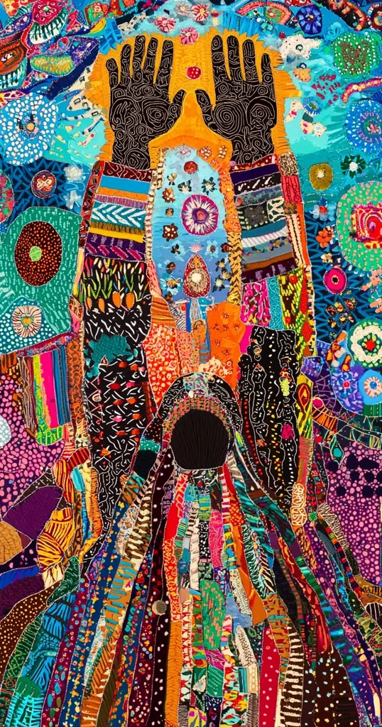 A vibrant textile artwork depicts a central figure with raised hands, surrounded by an explosion of colorful patterned fabrics.  The style is heavily textured, with intricate embroidery and appliqué work.  The color palette is rich and varied, featuring bold hues of orange, pink, blue, and green. The overall effect is one of energy and spiritual upliftment.