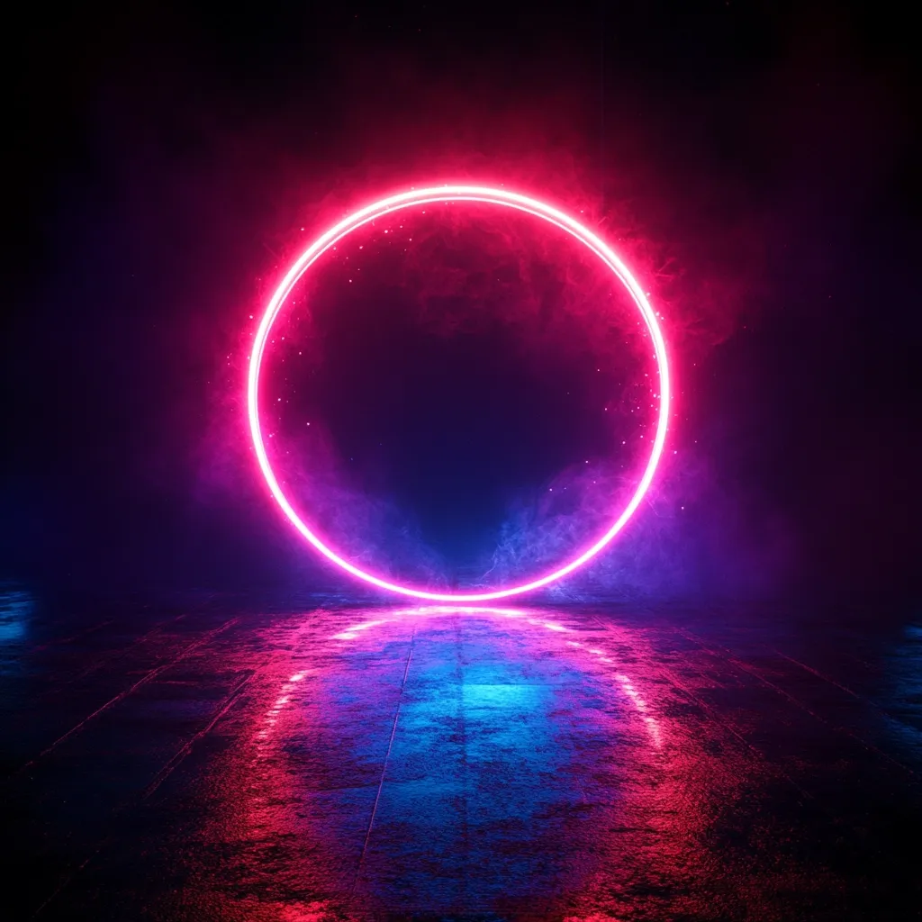 A vibrant neon pink circle glows brightly in a dark, smoky environment.  The circular light is reflected on a wet, dark surface below, creating a mirrored effect with hints of blue.  The scene is atmospheric and evokes a futuristic or cyberpunk aesthetic.  Pink and blue hues blend in the surrounding smoke, creating a visually striking contrast.
